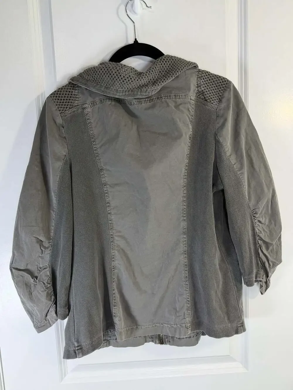 XCVI Fjord Grey Mixed Media Utility Jacket with Mesh Cowl Neck